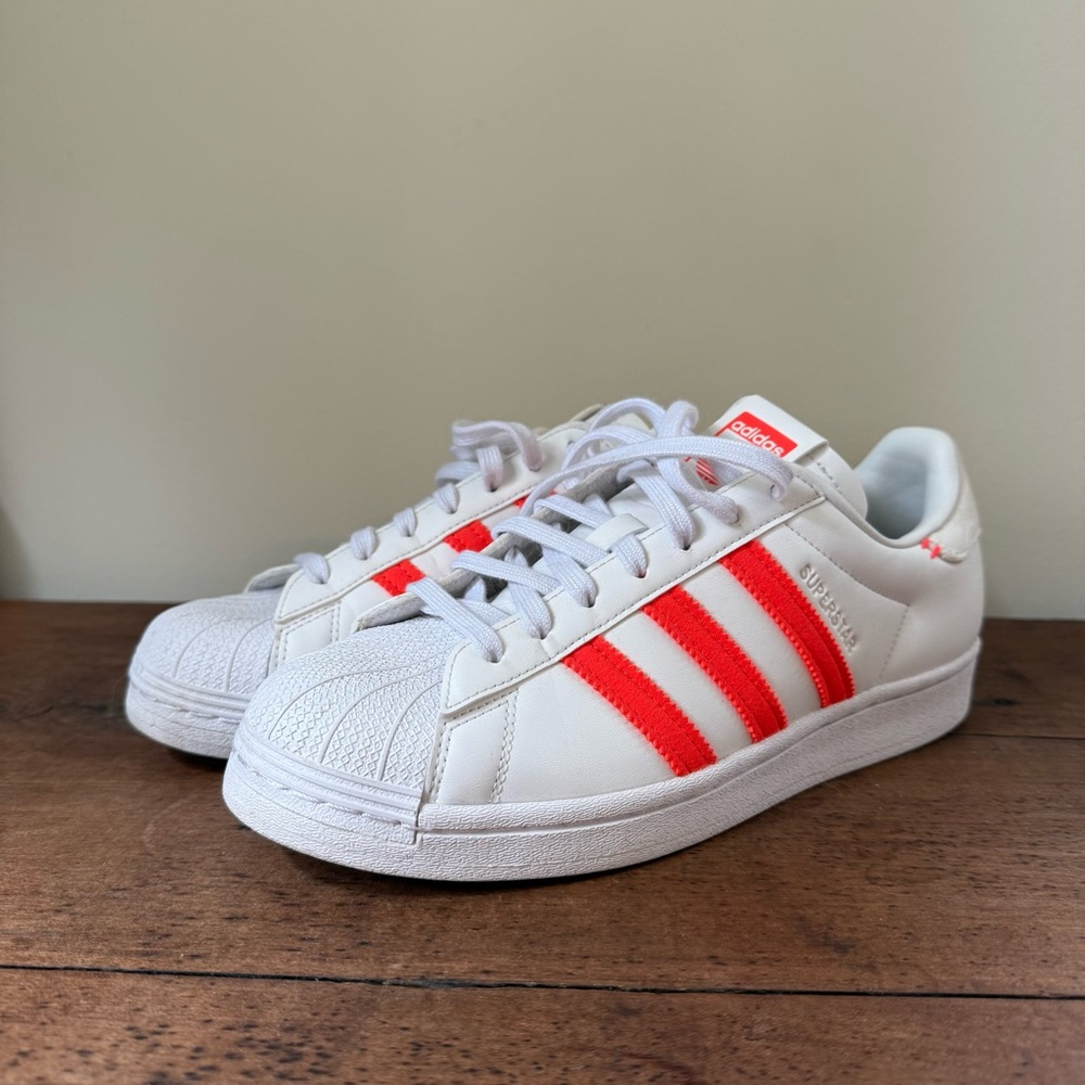 Adidas Superstars White Sneakers with Vibrant Orange Stripes Women’s 9